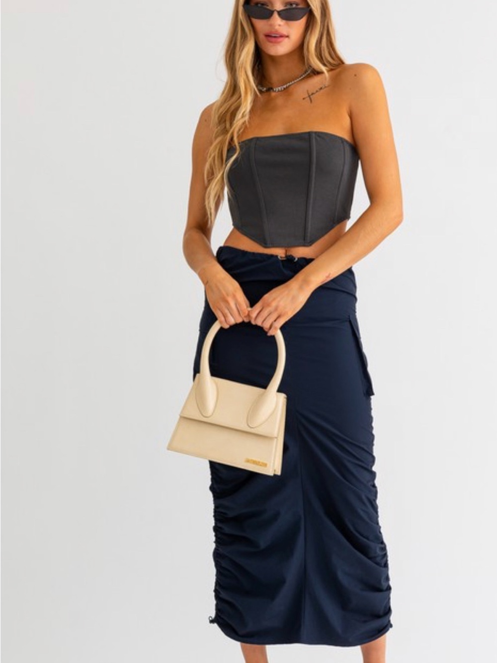 Le Lis Navy Ruched Midi Skirt